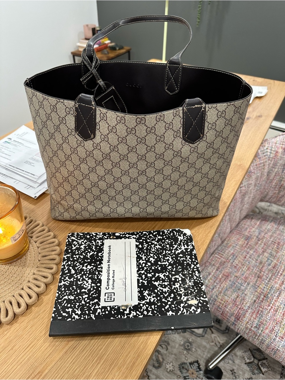 Gucci Beige GG Canvas Tote with Dark Brown Trim - Picture 2 of 4